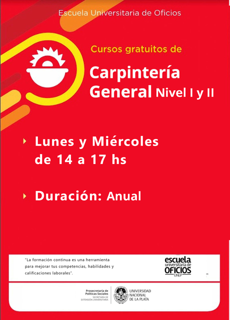 Inscripción a los cursos en modalidad virtual de la Escuela de Oficios de la UNLP
Inscripción a los cursos en modalidad virtual de la Escuela de Oficios de la UNLP