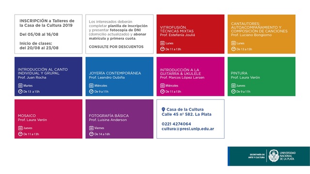 Talleres en la Casa de la Cultura de la UNLP: Abierta la inscripción
Talleres en la Casa de la Cultura de la UNLP: Abierta la inscripción