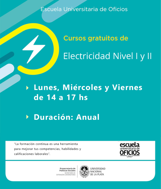 Inscripción a los cursos en modalidad virtual de la Escuela de Oficios de la UNLP
Inscripción a los cursos en modalidad virtual de la Escuela de Oficios de la UNLP