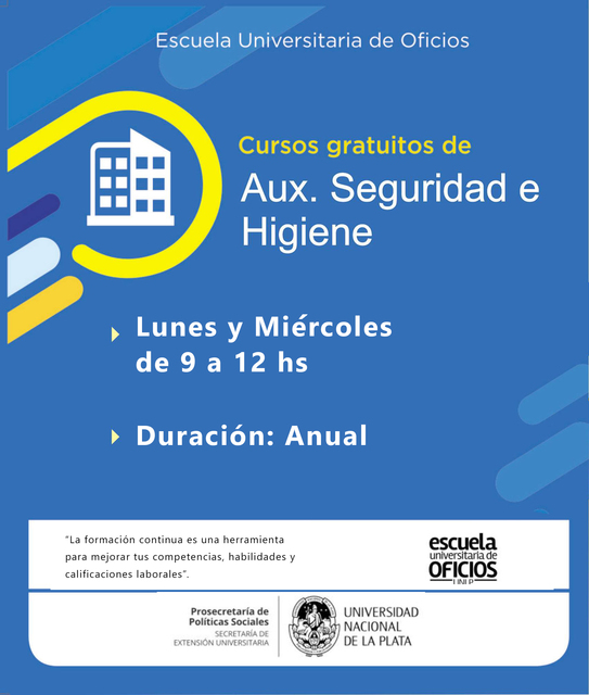 Inscripción a los cursos en modalidad virtual de la Escuela de Oficios de la UNLP
Inscripción a los cursos en modalidad virtual de la Escuela de Oficios de la UNLP